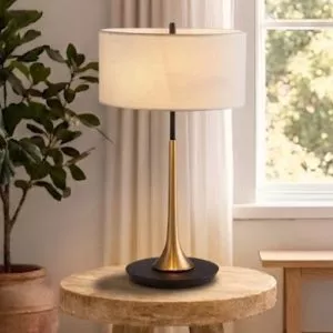 Đèn bàn chụp vải trắng, thân kim loại si vàng-đồng DB-326