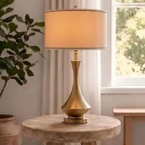 Đèn bàn chụp vải trắng, thân kim loại si vàng đồng cao cấp DB-354