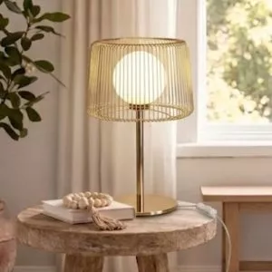 Đèn bàn chao thủy tinh đục, thân kim loại si vàng đồng cao cấp DB-376