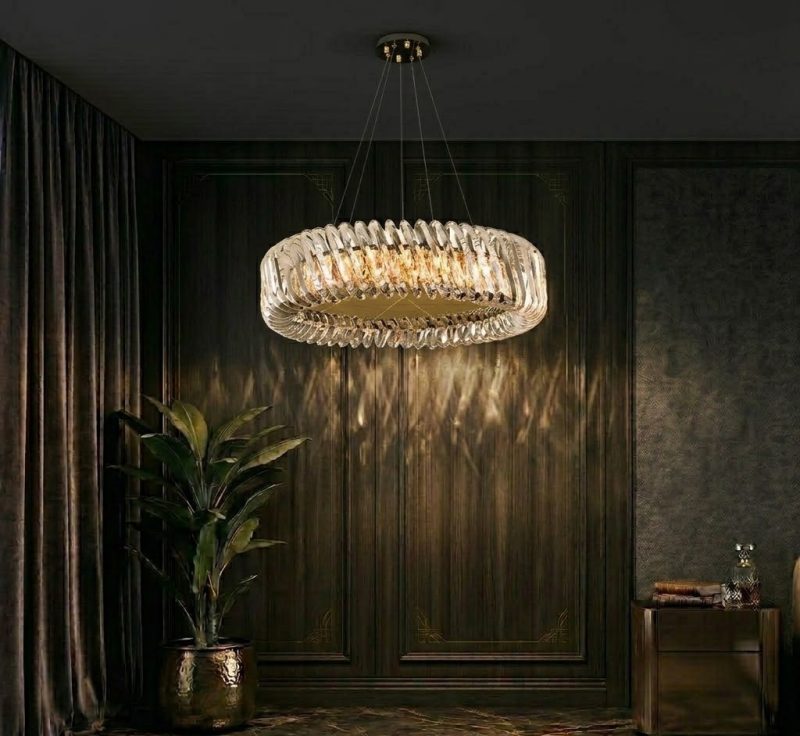 Đèn thả phòng khách-bàn ăn, mâm inox vàng phối phale nghệ thuật DC-104