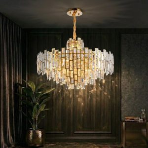 Đèn chùm phale, thiết kế kiểu tròn, thẻ phale trong phối kim loại si vàng đồng DC-1041