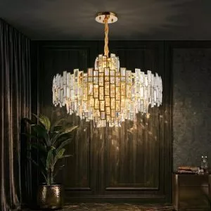 Đèn chùm phale, thiết kế kiểu tròn, thẻ phale trong phối kim loại si vàng đồng DC-1041