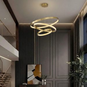 Đèn gắn trần phòng khách-thông tầng,3 Vòng inox vàng cao cấp DC-143