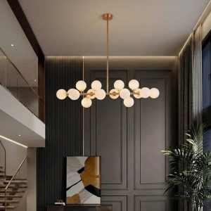 Đèn thả kiểu ngang, thân si vàng đồng, chao thủy tinh đục 16 Bóng DC-154V