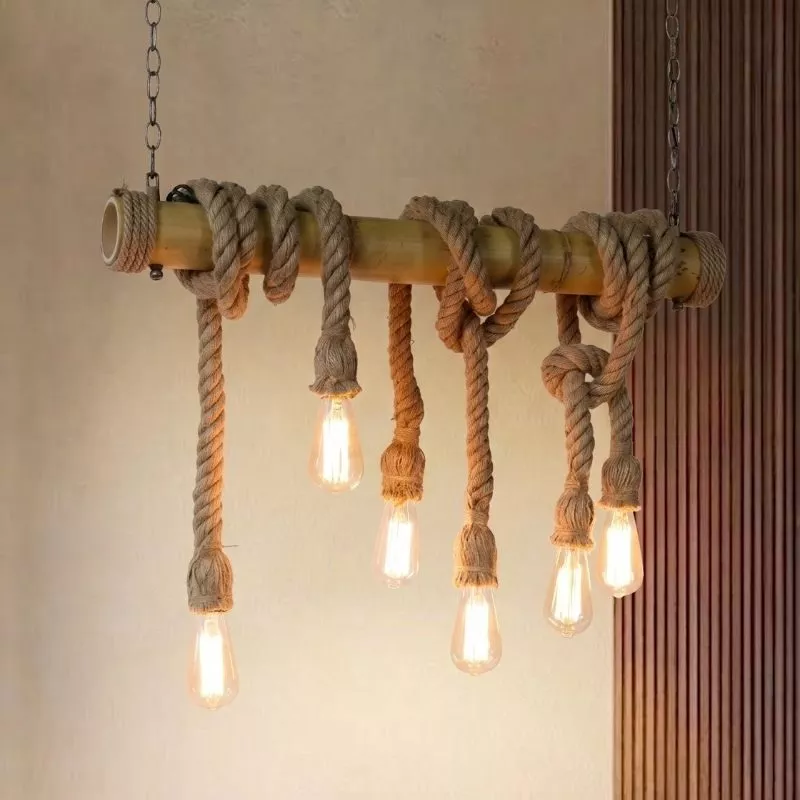 Đèn thả decor - thiết kế ống tre ngang quấn dây thừng TDC-101
