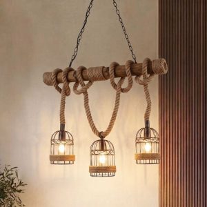 Đèn thả decor – thiết kế thanh gỗ ngang, treo dây thừng nghệ thuật TDC-107