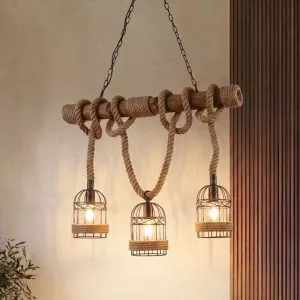 Đèn thả decor – thiết kế thanh gỗ ngang, treo dây thừng nghệ thuật TDC-107