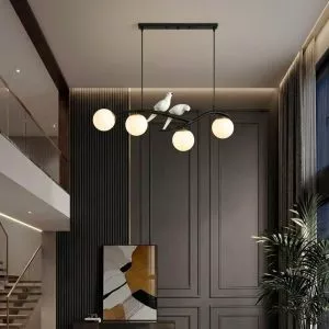 Đèn thả decor – thiết kế ngang, song điêu trắng phối quả cầu thủy tinh TDC-157