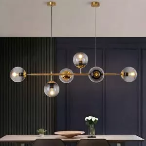Đèn thả decor – khung ngang, kim loại phối thủy tinh cầu xám khói 5 bóng TDC-1812