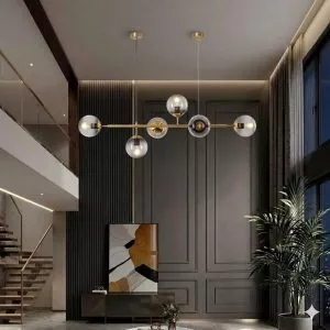 Đèn thả decor – khung ngang, kim loại phối thủy tinh cầu xám khói 5 bóng TDC-1812