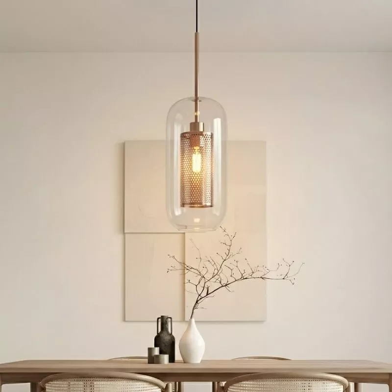 Đèn thả decor - thủy tinh hình trụ, phối lồng sắt cao cấp TDC-1840