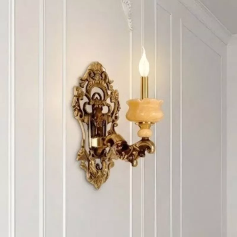 Đèn vách đồng nguyên chất thiết kế tay nến, chao đá cẩm thạch VD-149