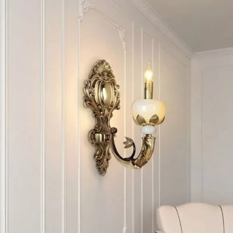 Đèn vách đồng nguyên chất thiết kế tay nến, chao đá cẩm thạch VD-221