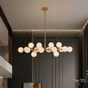 Đèn thả kiểu ngang, thân si vàng đồng, chao thủy tinh đục 16 Bóng DC-154V