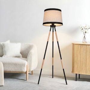 Đèn cây hiện đại, chao vải nâu, thân gỗ phối kim loại, 3 chân nghệ thuật DC-241
