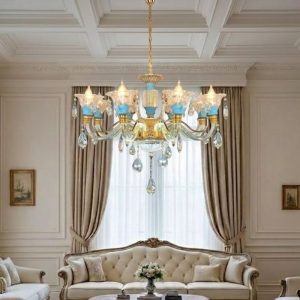 Đèn chùm đồng tay nến, thân thủy tinh, chao phale cao cấp DC-2027