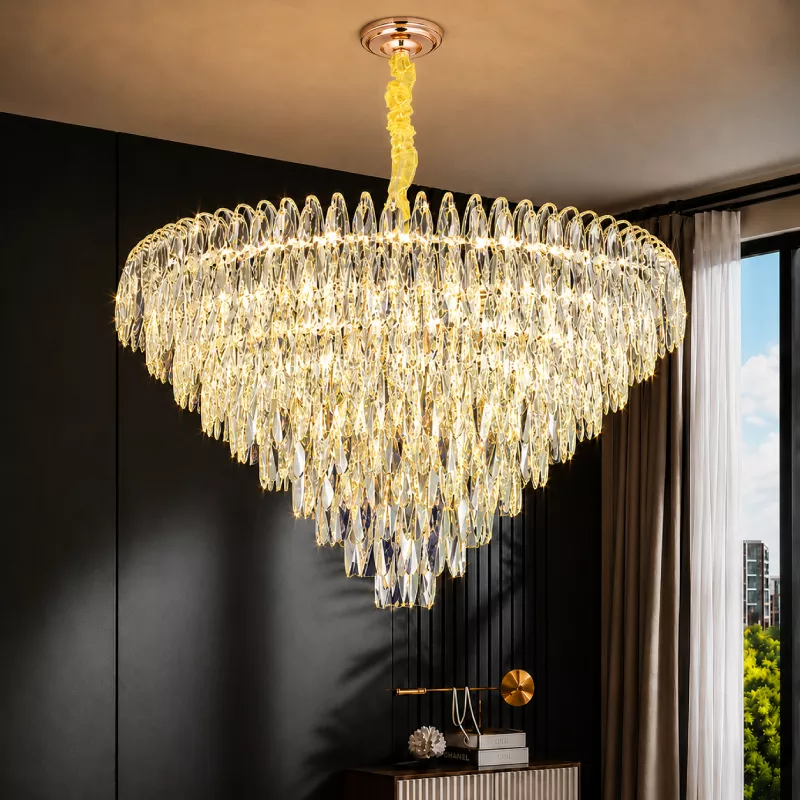 Đèn chùm pha lê cao cấp, thiết kế tròn, phale hình lá phối màu khói DC-1049