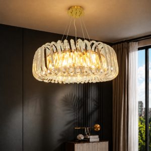 Đèn thả phòng khách-bàn ăn, mâm inox vàng phối phale nghệ thuật DC-104