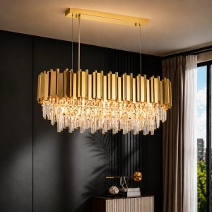 Đèn chùm phale, thiết kế thả ngang, khung kim loại si vàng đồng phối thẻ phale trắng DC-183