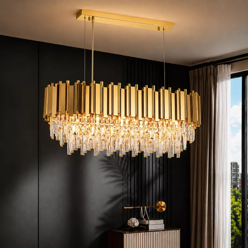 Đèn chùm phale, thiết kế thả ngang, khung kim loại si vàng đồng phối thẻ phale trắng DC-183