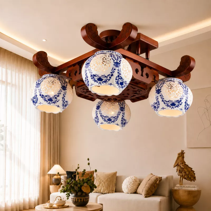 Đèn cổ điển, khung gỗ, phối chao thủy tinh OCD-087