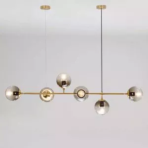 Đèn thả decor – khung ngang, kim loại phối thủy tinh cầu xám khói 5 bóng TDC-1812