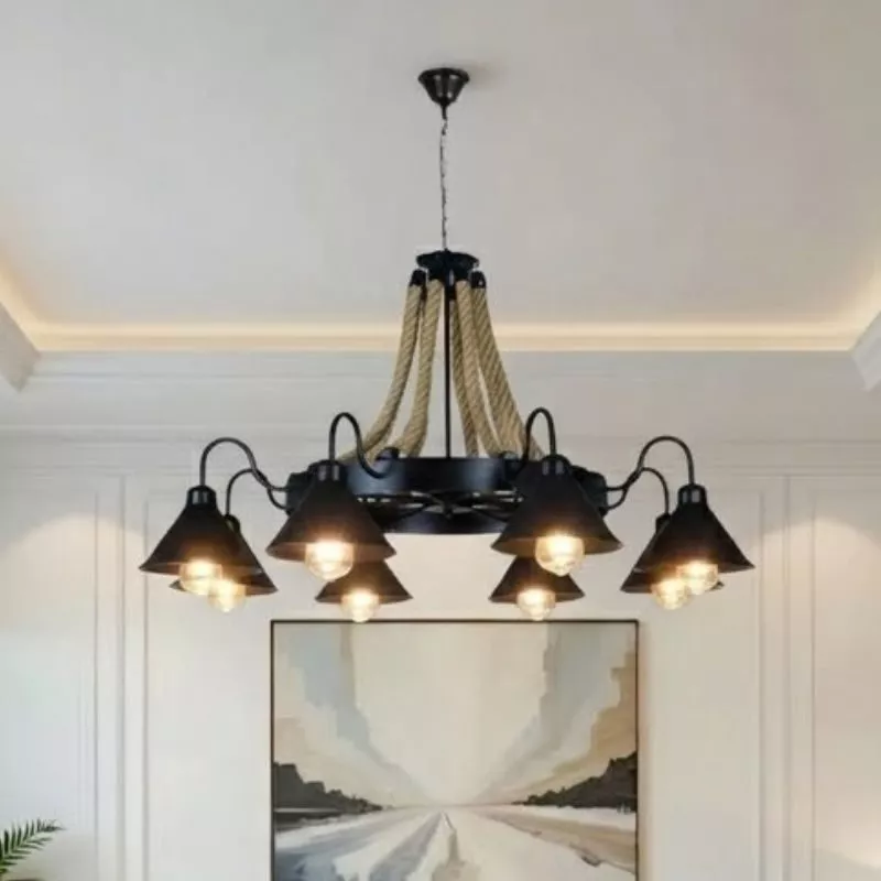 Đèn thả decor - phong cách Retro, khung kim loại treo dây thừng nghệ thuật TDC-106