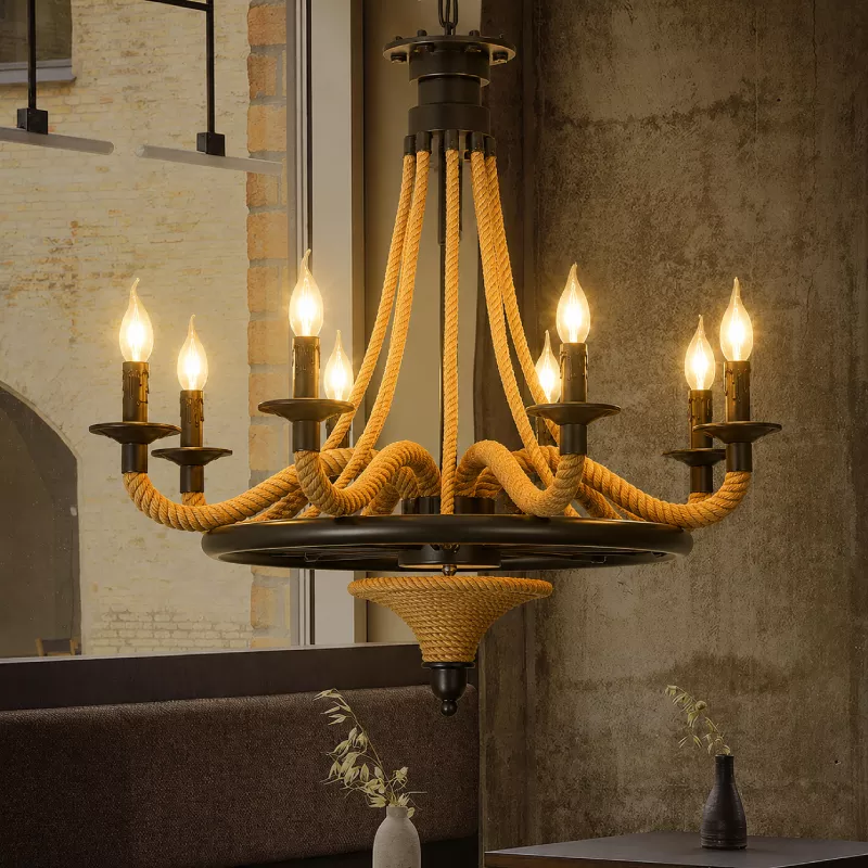 Đèn thả decor - phong cách Retro, khung kim loại treo dây thừng nghệ thuật TDC-111