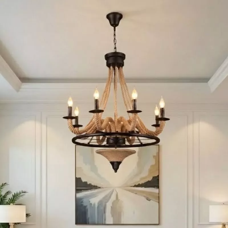 Đèn thả decor - phong cách Retro, khung kim loại treo dây thừng nghệ thuật TDC-111