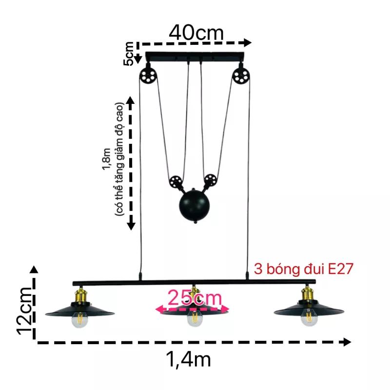 Đèn thả decor - thiết kế khung ngang, chụp sắt 3 bóng nghệ thuật TDC-82 - Hình ảnh 5