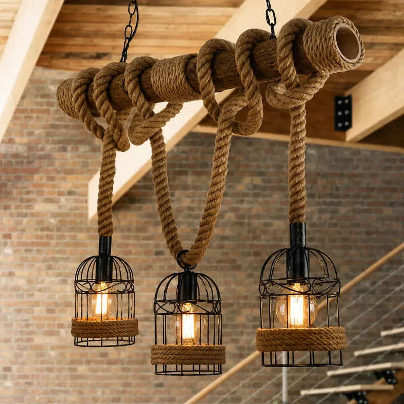 Đèn thả decor - thiết kế thanh gỗ ngang, treo dây thừng nghệ thuật TDC-107