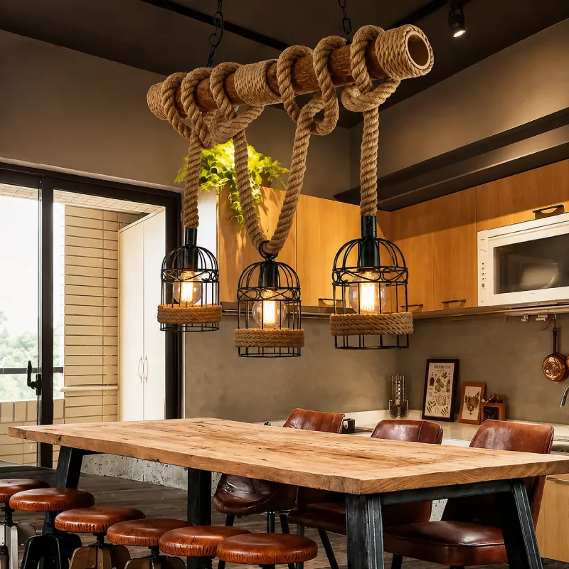 Đèn thả decor - thiết kế thanh gỗ ngang, treo dây thừng nghệ thuật TDC-107 - Hình ảnh 2