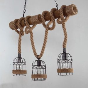 Đèn thả decor – thiết kế thanh gỗ ngang, treo dây thừng nghệ thuật TDC-107