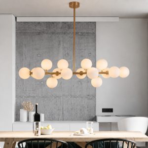 Đèn thả kiểu ngang, thân si vàng đồng, chao thủy tinh đục 16 Bóng DT-70