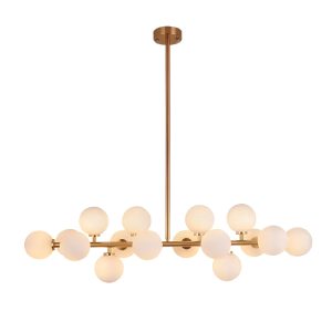 Đèn thả kiểu ngang, thân si vàng đồng, chao thủy tinh đục 16 Bóng DT-70