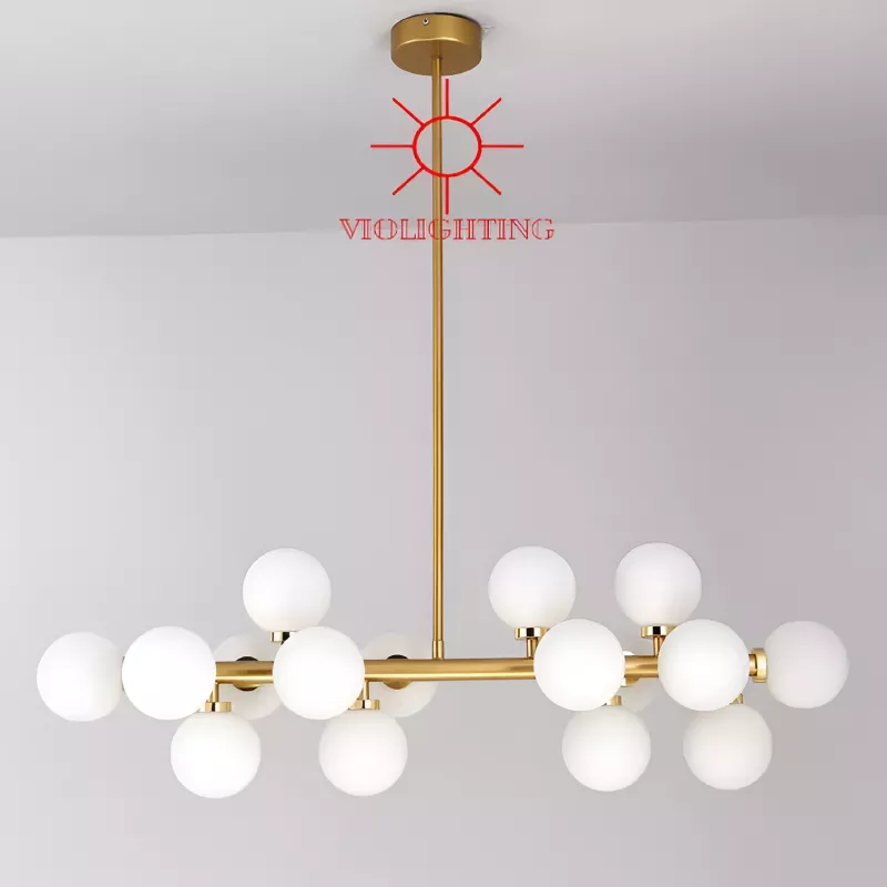 Đèn thả kiểu ngang, thân si vàng đồng, chao thủy tinh đục 16 Bóng DT-70 - Hình ảnh 3