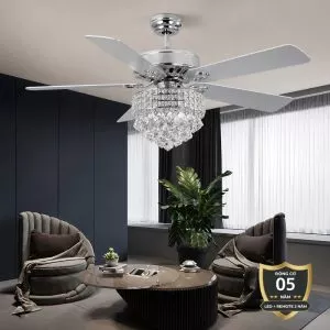 Quạt trần đèn, 5 cánh nhựa, phối khung pha lê cao cấp QT-131