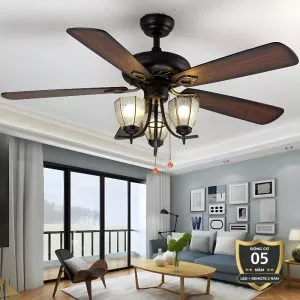 Quạt trần đèn, 5 cánh gỗ, thiết kế cổ điển QT-130