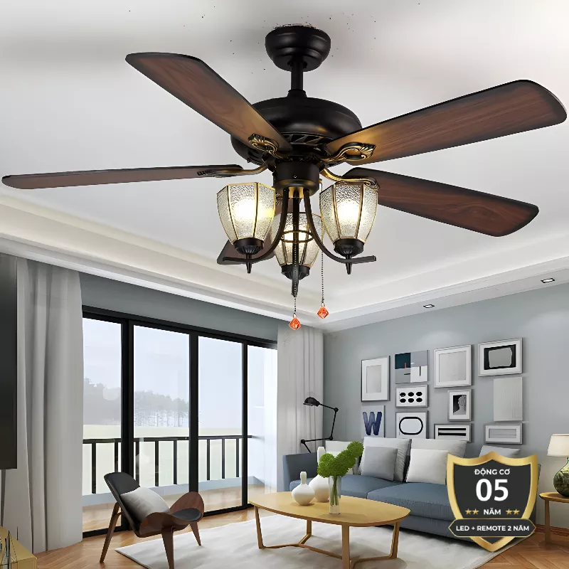 Quạt trần đèn, 5 cánh gỗ, thiết kế cổ điển QT-130