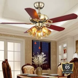 Quạt trần đèn, 5 cánh gỗ, thiết kế cổ điển QT-136