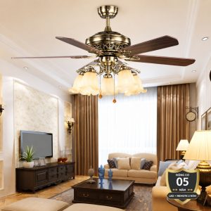 Quạt trần đèn, 5 cánh gỗ, thiết kế cổ điển QT-137