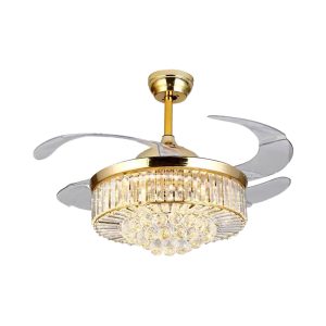 Quạt trần đèn, cánh xếp, phối khung pha lê cao cấp QT-121
