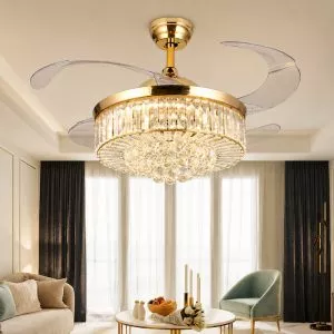 Quạt trần đèn, cánh xếp, phối khung pha lê cao cấp QT-121
