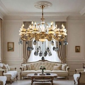 Đèn Chùm Đồng Nguyên Chất, Chao Đá Ngọc, Hạt Phale Trắng Cao Cấp DCD-101