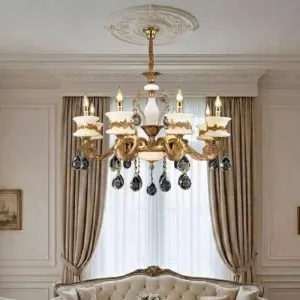 Đèn Chùm Đồng Nguyên Chất, Chao Đá Ngọc, Hạt Phale Trắng Cao Cấp DCD-101