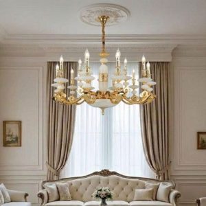 Đèn chùm đồng nguyên chất, chao đá ngọc trắng cao cấp DCD-103