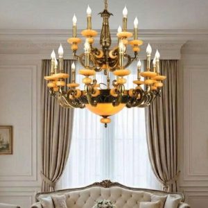 Đèn chùm đồng nguyên chất, chao đá ngọc cao cấp DCD-122