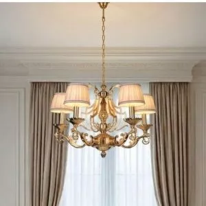 Đèn chùm đồng nguyên chất phối chụp vải cao cấp, thiết kế tân cổ điển DC-575