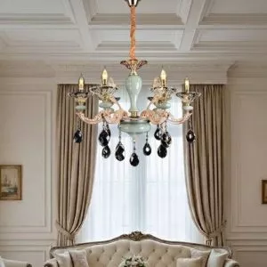 Đèn chùm tay nến, chao thủy tinh phối đá xanh ngọc DC-509