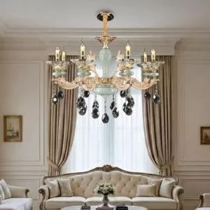 Đèn chùm tay nến, chao thủy tinh phối đá xanh ngọc DC-509